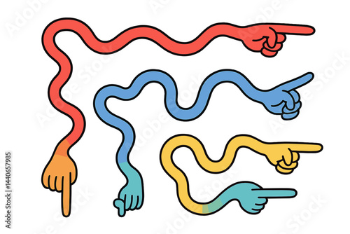 Colorful and abstract hands pointing in various directions with a creative design