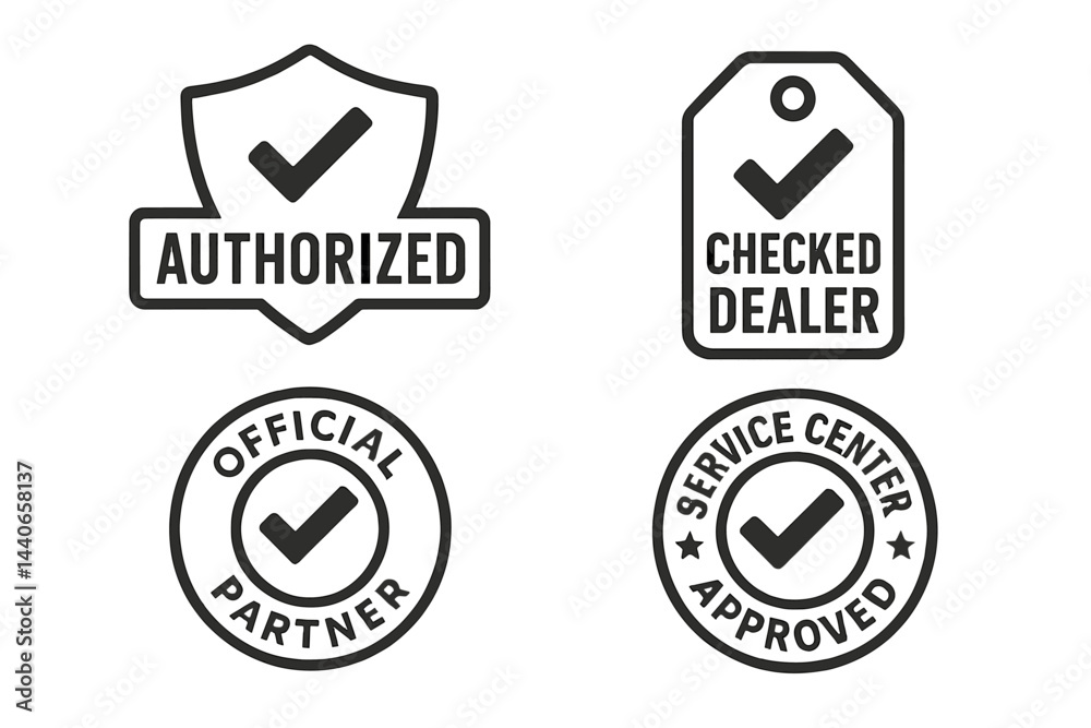 Obraz premium Various approval badges representing authorized and official statuses for service providers and dealers