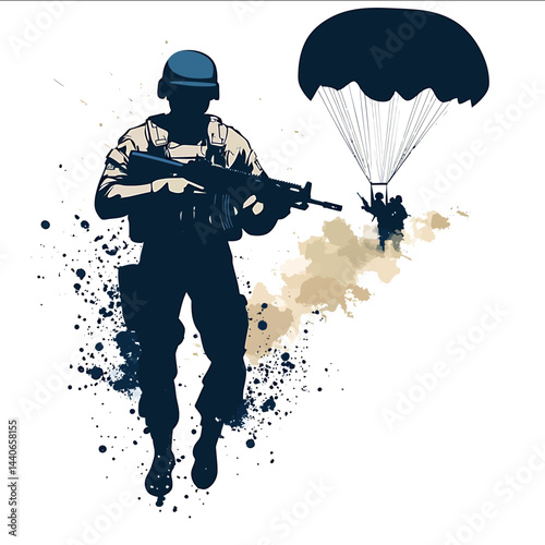 Vector illustration of a silhouette of a male paratrooper in military uniform wearing a blue beret on his head He holds a rifle in his hands ready for action In the background a para
