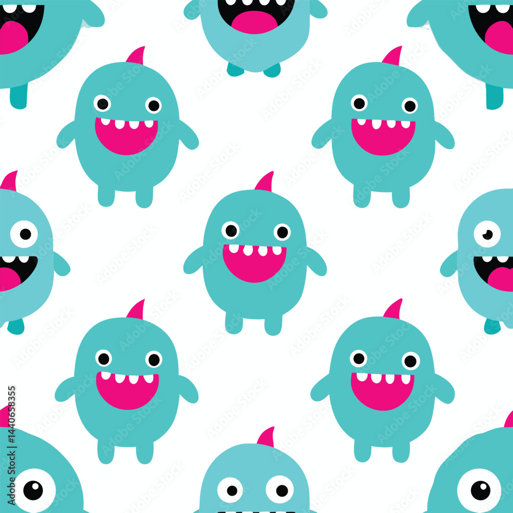 Naklejka premium Seamless pattern features a funny cartoon monster set with cute animal icons like owl, dog, and bear heads in a fun, comic vector illustration