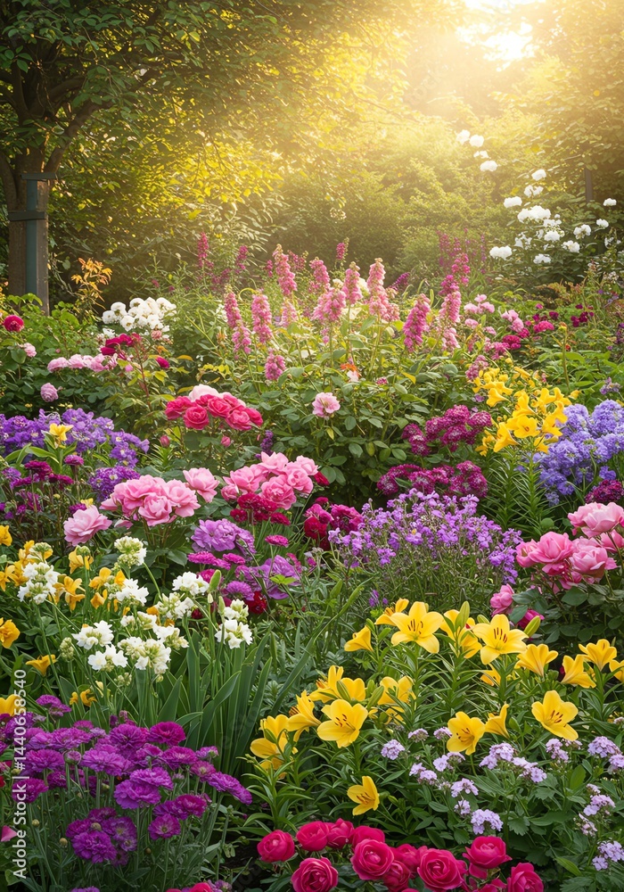 Obraz premium Blooming Flower Garden with Colorful Spring Flowers in Sunlight