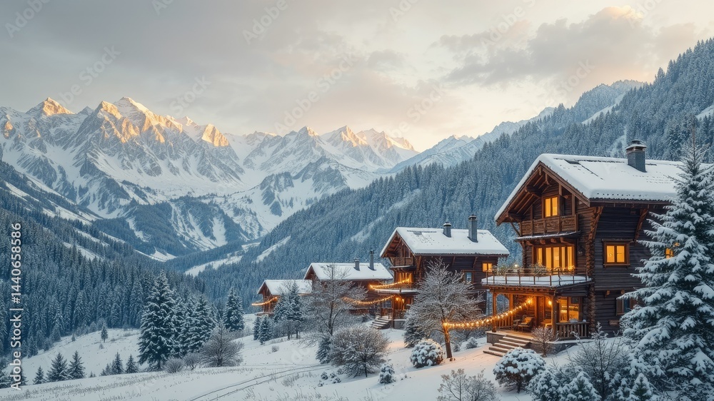 Fototapeta premium Snowy Mountain Village - Winter Landscape Illustration