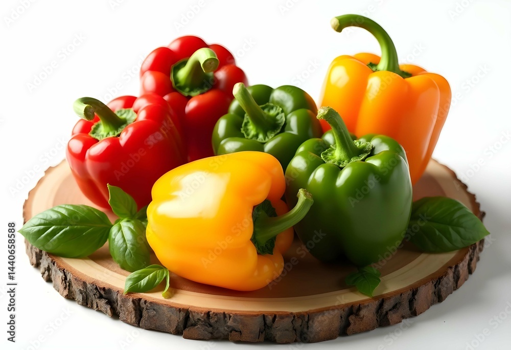 Fresh colorful bell peppers on rustic wooden board with basil leaves, vibrant red green yellow orange capsicums, organic healthy vegetables, isolated on white background. Fresh colorful bell peppers on rustic wooden board with basil leaves, vibrant red green yellow orange capsicums, organic healthy vegetables, isolated on white background.