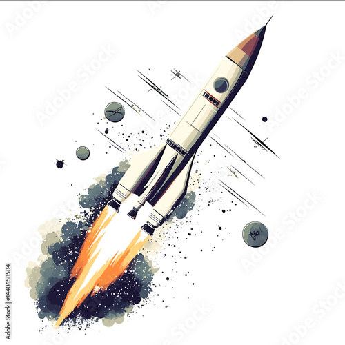 Vector illustration of an Air Force Air Force rocket taking off against a space background The rocket is depicted in a dynamic pose emphasizing its power and technology Around the ro