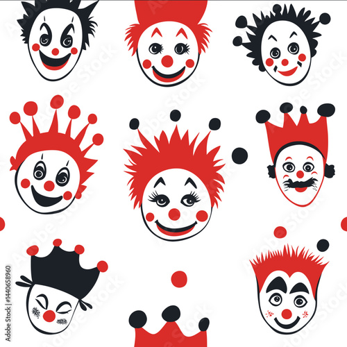 Vector cartoon child style pattern different clown heads silhouette redblack Main background pure white