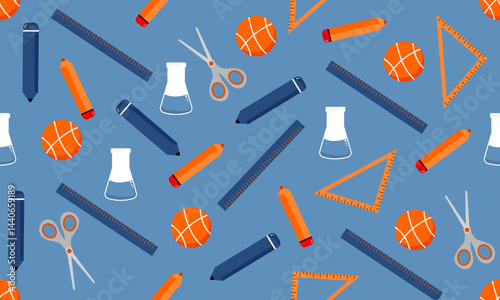 Seamless pattern with ball, flask, ruler, scissors, pencils on a blue background. Elements for printing, textures, fabrics, wallpapers. Vector illustration.