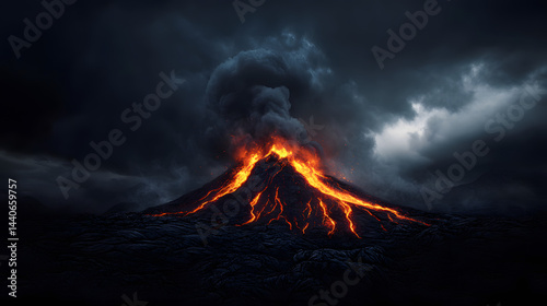 Lava streaming down a volcano with dramatic clouds and a dark sky above.