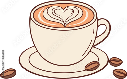 Exquisite Coffee Vector Illustration Featuring a Coffee Cup with Heart Latte Art, Saucer & Beans – Perfect Modern Design for Cafés, Espresso Bars & Beverage Branding