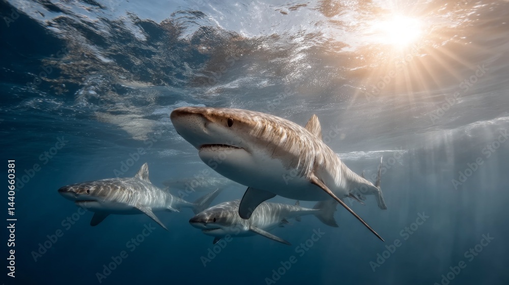 Naklejka premium Swimming effortlessly in the tranquil ocean depths, a group of sharks showcases their agility and beauty as sunlight filters through the water, creating a mesmerizing spectacle of marine life