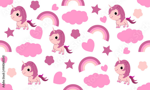 Seamless pattern with a cute unicorn, heart, cloud, and flower on a white background. Elements for printing, textures, fabrics, and wallpapers. Vector illustration.
