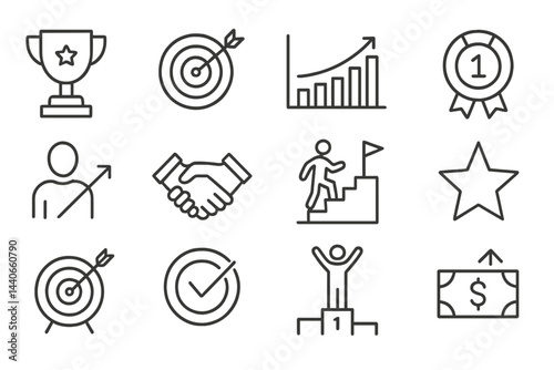 Illustrative icons representing achievement, success, and motivation in personal or professional growth activities