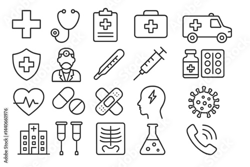 Collection of medical icons showcasing health care equipment, emergency services, and medical personnel in a simple design