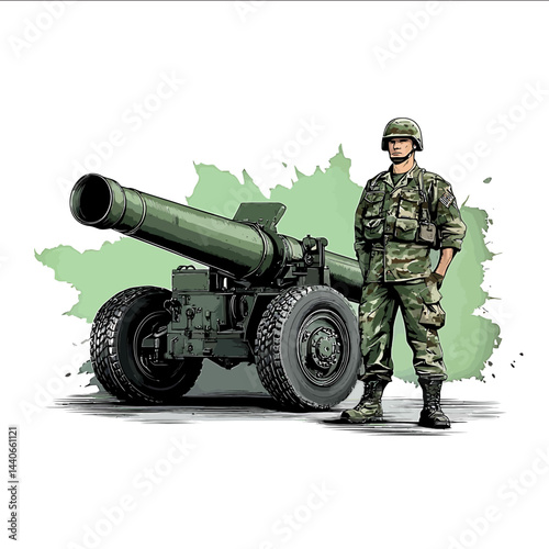 Vector illustration of an artilleryman standing proudly next to a howitzer looking straight at us the character is depicted in a camouflagecolored military uniform with a helmet