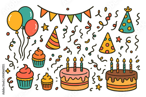 Birthday celebration decorations with cakes, balloons, and party hats in a festive atmosphere
