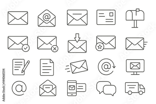 Modern symbols representing various forms of communication including emails, messages, and postal items in a simple linear design