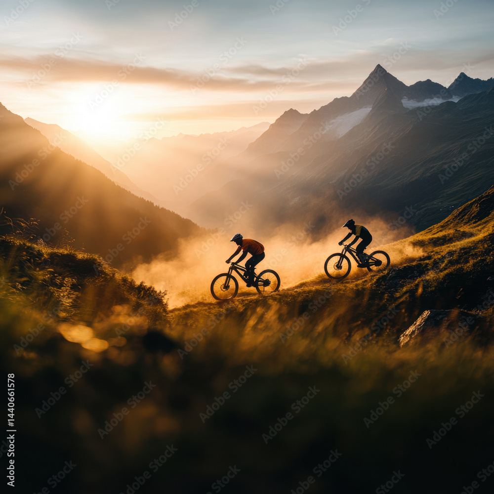 Two cyclists riding through the hills at sunset. Silhouettes against the background of mountains and orange sky. The concept of outdoor activities, adventure, freedom, sport and nature. Two cyclists riding through the hills at sunset. Silhouettes against the background of mountains and orange sky. The concept of outdoor activities, adventure, freedom, sport and nature.