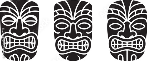 Minimalist Tiki Mask Silhouette Icons Collection in Black Vector Style for Tribal, Culture, and Decorative Designs