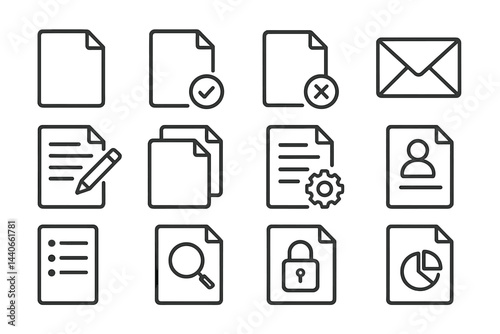 Collection of simple icons representing various document and communication functions suitable for digital or print design