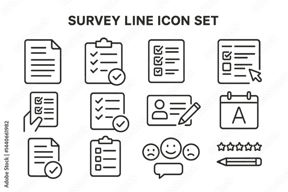 Diverse survey line icons representing various elements of feedback and assessment in a clean, minimalist style Diverse survey line icons representing various elements of feedback and assessment in a clean, minimalist style