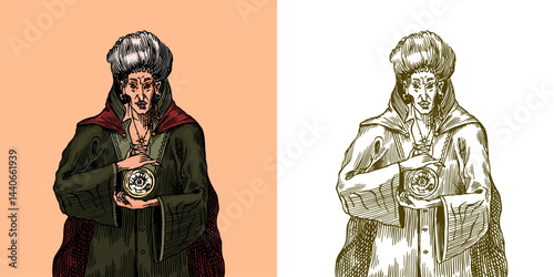 Very old witch with stone of prediction for magic rituals or tarot deck . Halloween witchcraft and sorcery theme magician and voodoo hand drawn engraved 