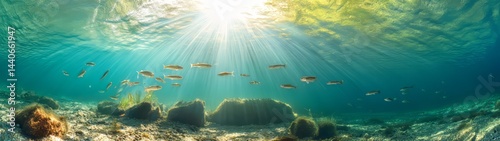 Underwater life exploration ocean 360 degree hdr scene bright sunlight vibrant environment