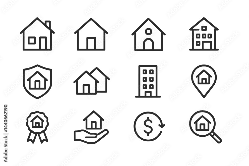 Decorative icons representing various aspects of real estate and property management Decorative icons representing various aspects of real estate and property management