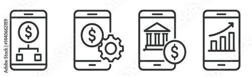 Set of mobile app icons representing finance management tools for budgeting, banking, and investment tracking in a digital environment