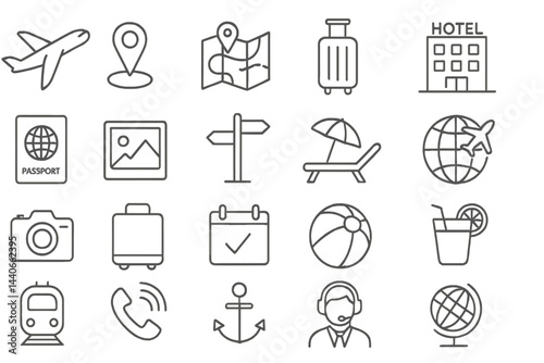 Travel icons depicting various aspects of tourism and vacation planning in a simplified style for easy recognition