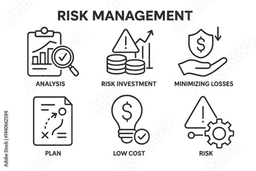 Concepts of risk management highlighted through symbols of analysis, investment, loss minimization, planning, and cost-effectiveness
