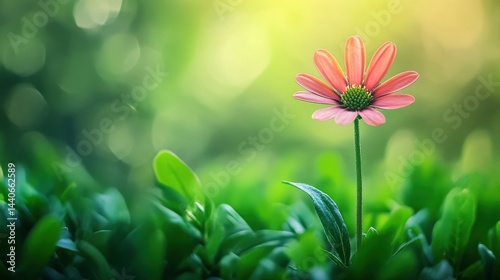 Single pink flower in sunlight, green bokeh background.