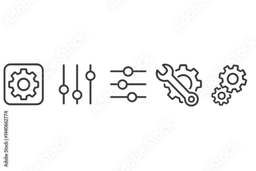 Icons depicting gear settings, adjustments, and tool usage for user interfaces or software applications