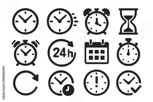 Collection of clock and timer icons representing time management, schedules, and various timekeeping methods