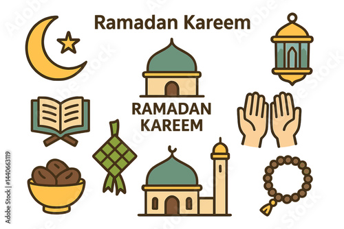 Celebration of Ramadan Kareem with traditional symbols and elements in a festive design