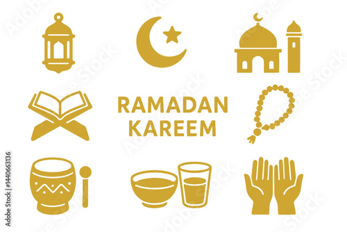 Symbols of Ramadan celebration with lanterns, crescent moon, and traditional items for the holy month