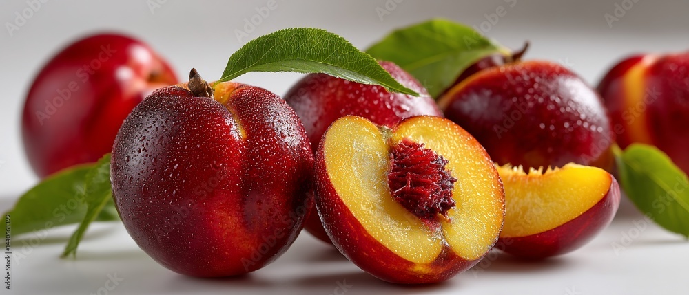 Naklejka premium Fresh vibrant nectarines glistening under gentle lighting