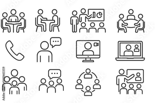 Collection of diverse communication and collaboration icons depicting meetings, discussions, and remote interactions