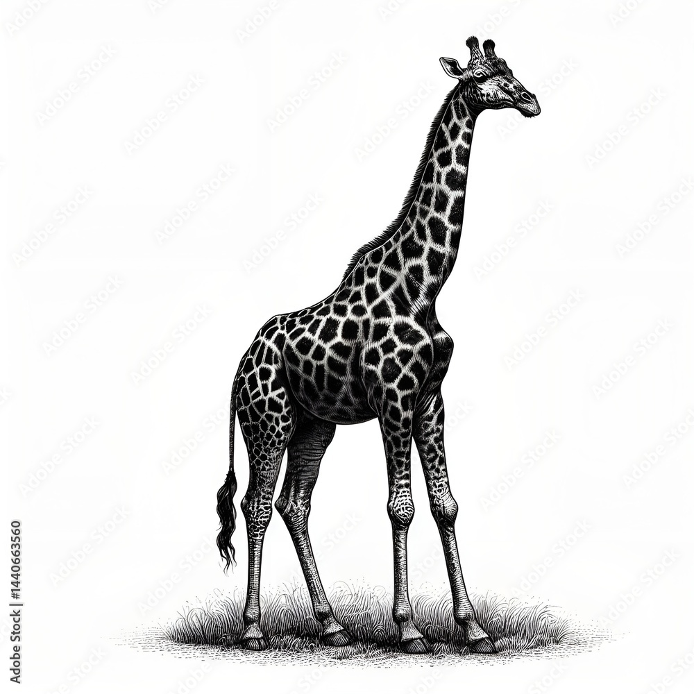 Fototapeta premium Giraffe detailed standing tall in grass on a white background with a space