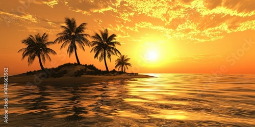 Fototapeta Naklejka Na Ścianę i Meble -  A sunset with a golden glow over a remote island, with palm trees swaying in the breeze.