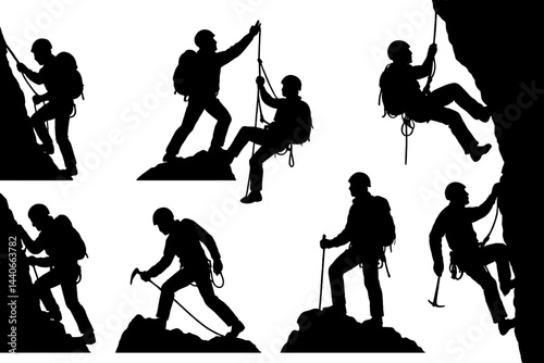 Climbers engaged in various rock climbing techniques on a rugged cliff during daytime