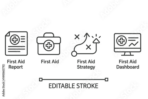 First aid report, strategy, dashboard, and kit icons designed for health and safety training materials