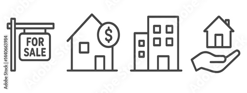 Real estate elements including for sale sign, house symbol, apartment block, and hand holding house icon