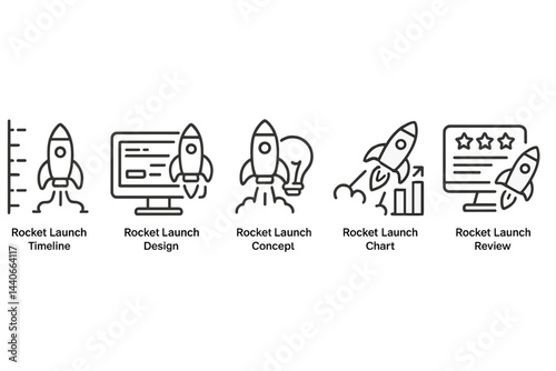 Visual representations of different stages in a rocket launch process including timeline, design, concept, chart, and review