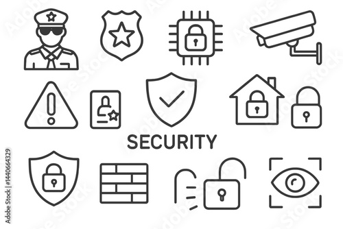 Security icons illustrating safety measures like surveillance, police, and locks for protection at homes and businesses