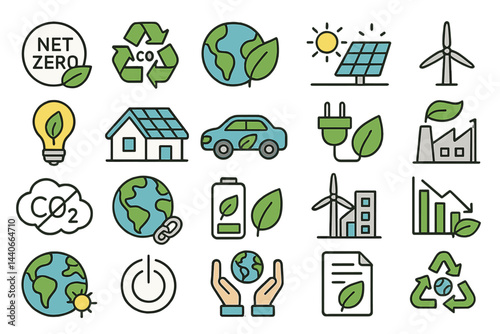 Sustainable energy icons representing eco-friendly initiatives and technologies for a greener future