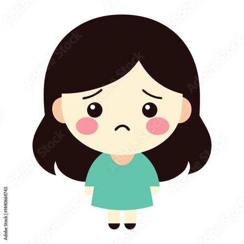 Sad little girl illustration with drooping eyes and brown hair vector design