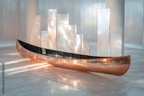 A stunning canoe made burnished copper, reflecting st ambient light from its surroundings, juxtaposed against abstract sculptural acrylic panels arranged