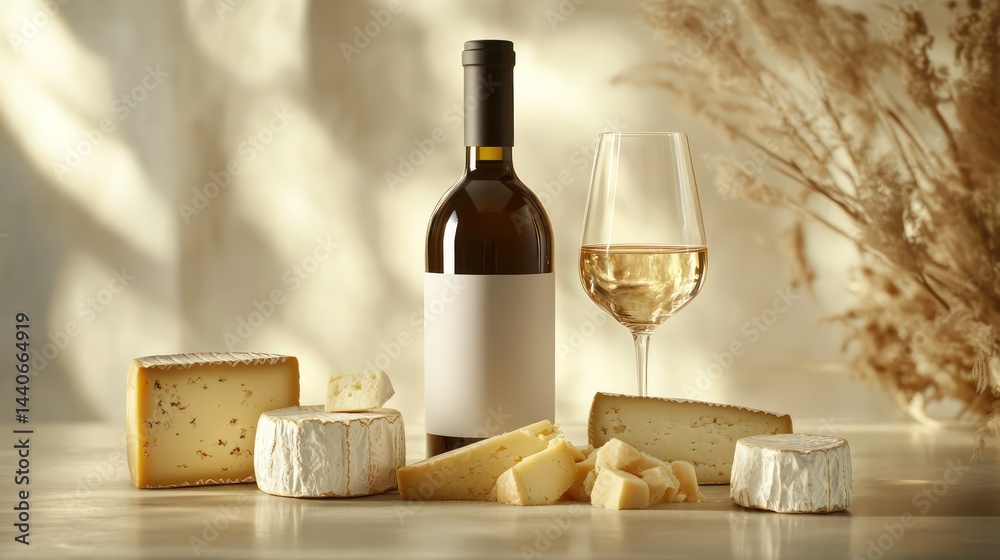 Naklejka premium A stylish and modern wine and cheese pairing, set in a pressionally lit studio environment. The arrangement features a sophisticated