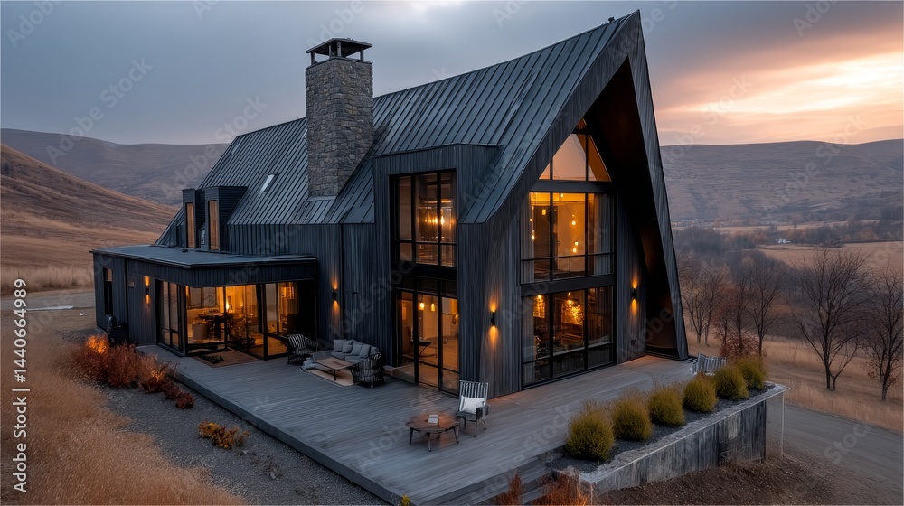 Obraz premium Modern a-frame house at sunset in rural landscape