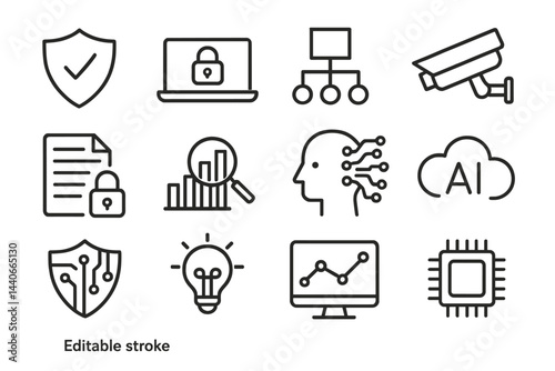 Icons representing security, technology, and artificial intelligence concepts in a digital workspace and innovation environment