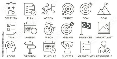 Creative icons representing strategic planning, targets, goals, and opportunities used in project management and team collaboration